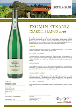 Txomin Etxaniz Txakoli Blanco 2016