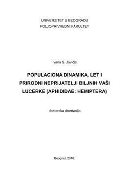 Populaciona Dinamika, Let I Prirodni Neprijatelji Biljnih Vaši Lucerke (Aphididae: Hemiptera)