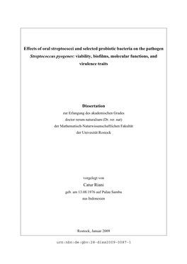 Effects of Oral Streptococci and Selected Probiotic Bacteria on the Pathogen Streptococcus Pyogenes: Viability, Biofilms, Molecular Functions, and Virulence Traits