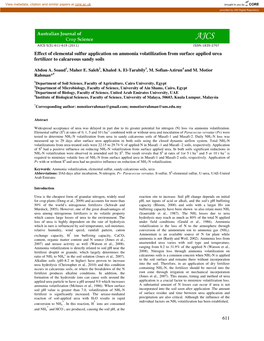 Effect of Elemental Sulfur Application on Ammonia Volatilization from Surface Applied Urea Fertilizer to Calcareous Sandy Soils