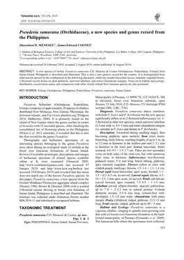 Pseuderia Samarana (Orchidaceae), a New Species and Genus Record from the Philippines