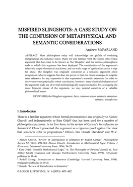 MISFIRED SLINGSHOTS: a CASE STUDY on the CONFUSION of METAPHYSICAL and SEMANTIC CONSIDERATIONS Andrew Mcfarland