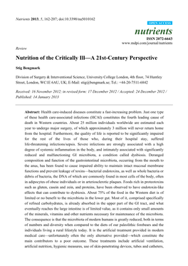 Nutrition of the Critically Ill—A 21St-Century Perspective