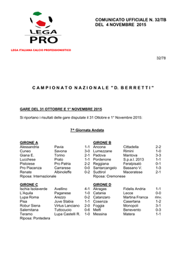 Comunicato Ufficiale N. 32/Tb Del 4 Novembre 2015 Ì