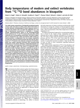 Body Temperatures of Modern and Extinct Vertebrates from C- O Bond Abundances in Bioapatite