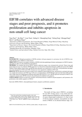 EIF3B Correlates with Advanced Disease Stages and Poor Prognosis, and It Promotes Proliferation and Inhibits Apoptosis in Non-Small Cell Lung Cancer