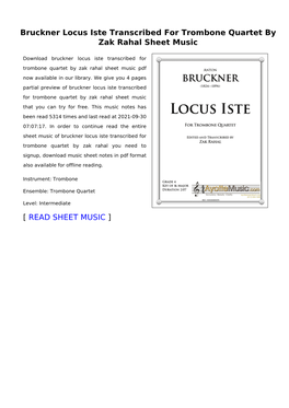 Bruckner Locus Iste Transcribed for Trombone Quartet by Zak Rahal Sheet Music