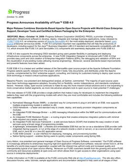 Progress Announces Availability of Fuse™ ESB 4.0