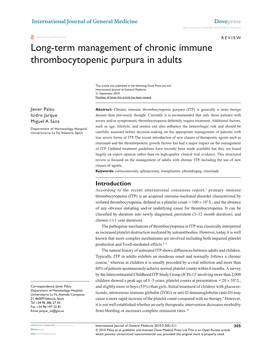 Long-Term Management of Chronic Immune Thrombocytopenic Purpura in Adults