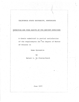 A Thesis Submitted in Partial Satisfaction of the Requirem~Nts for the Degree of Master of Science in Home Economics by Nalani L