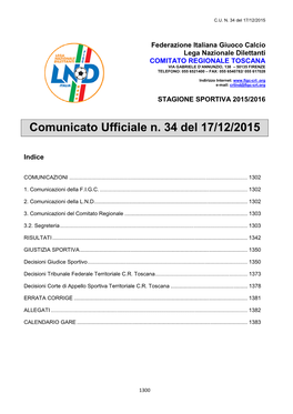 Comunicato Ufficiale N. 34 Del 17/12/2015