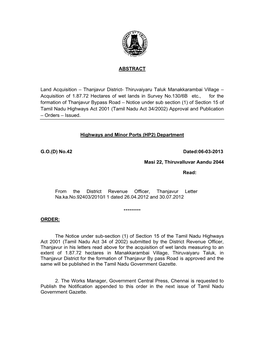 ABSTRACT Land Acquisition – Thanjavur District- Thiruvaiyaru