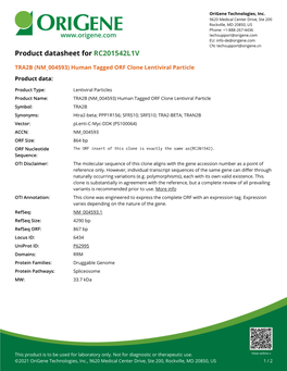 TRA2B (NM 004593) Human Tagged ORF Clone Lentiviral Particle Product Data