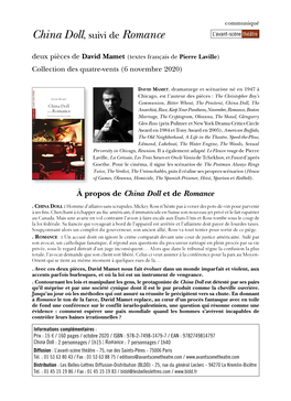 China Doll , Suivi De Romance L’Avant-Scèn E Théâtre Deux Pièces De David Mamet (Textes Français De Pierre Laville ) Collection Des Quatre-Vents (6 Novembre 2020)