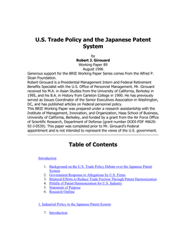 U.S. Trade Policy and the Japanese Patent System Table of Contents