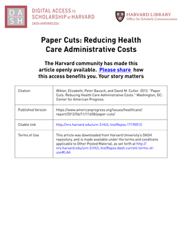 Paper Cuts: Reducing Health Care Administrative Costs
