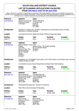 SOUTH HOLLAND DISTRICT COUNCIL LIST of PLANNING APPLICATIONS VALIDATED from 30Th March 2020 to 5Th April 2020