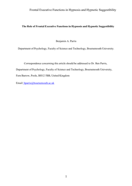 The Role of Frontal Executive Functions in Hypnosis and Hypnotic Suggestibility