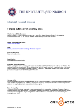 Forging Autonomy in a Unitary State: the Åland Islands in Finland', Comparative European Politics, Vol