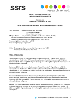 @Ssrs Research | 484.840.4300 | | 1 VIRGINIA POLITICS SURVEY FALL 2018 UNIVERSITY of MARY WASHINGTON