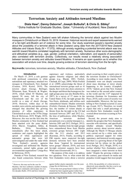 Terrorism Anxiety and Attitudes Toward Muslims Diala Hawi1, Danny Osborne2, Joseph Bulbulia2, & Chris G