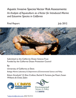 An Analysis of Aquaculture As a Vector for Introduced Marine and Estuarine Species in California