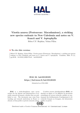 Virotia Azurea (Proteaceae: Macadamieae), a Striking New Species Endemic to New Caledonia and Notes on V