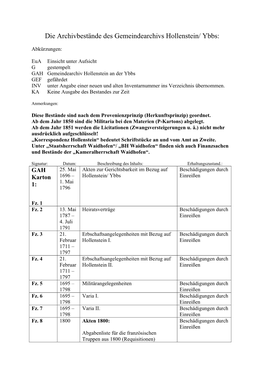 Die Archivbestände Des Gemeindearchivs Hollenstein/ Ybbs