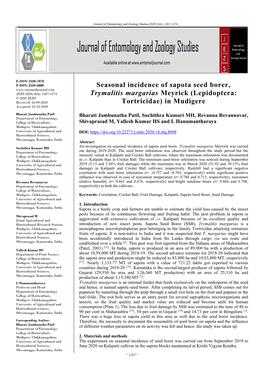 Seasonal Incidence of Sapota Seed Borer, Trymalitis Margarias Meyrick Was Carried Department of Entomology, out During 2019-2020