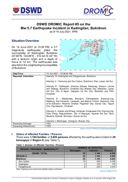 DSWD DROMIC Report #5 on the Mw 5.7 Earthquake Incident in Kadingilan, Bukidnon As of 16 July 2021, 6PM