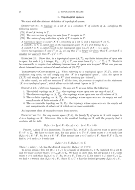 1. Topological Spaces We Start with the Abstract Definition of Topological