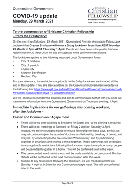 COVID-19 Update Brisbane Christian Fellowship Inc