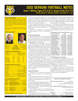 2012 DEPAUW FOOTBALL NOTES Game 7: Depauw Tigers (1-5, 0-3) Vs