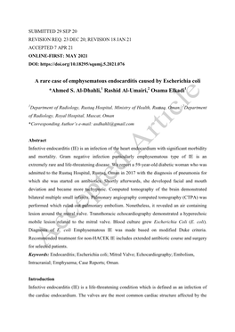 A Rare Case of Emphysematous Endocarditis Caused by Escherichia Coli *Ahmed S