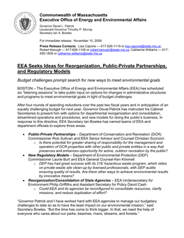 EEA Seeks Ideas for Reorganization, Public-Private Partnerships, and Regulatory Models