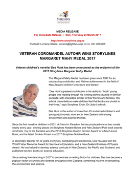 Veteran Coromandel Autohr Wins Storylines Margaret Mahy Medal 2017