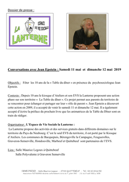 Conversations Avec Jean Epstein : Samedi 11 Mai Et Dimanche 12 Mai 2019