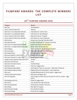 Filmfare Awards: the Complete Winners List