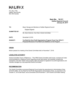 Tax Relief for Non-Profit Organizations Program Fiscal Year 2016-17: Proposed Renewal of Tax Relief and Additions to the Program