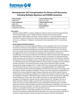 Hematopoietic Cell Transplantation for Plasma Cell Dyscrasias, Including Multiple Myeloma and POEMS Syndrome