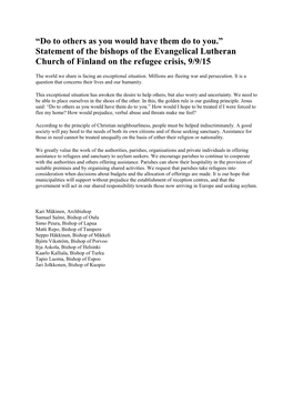 Statement of the Bishops of the Evangelical Lutheran Church of Finland on the Refugee Crisis, 9/9/15