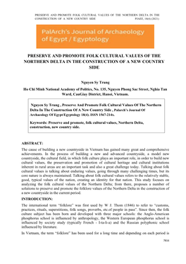 Preserve and Promote Folk Cultural Values of the Northern Delta in the Construction of a New Country Side Pjaee, 18(4) (2021)