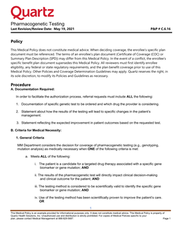 Pharmacogenetic Testing Last Revision/Review Date: May 19, 2021 P&P # C.6.16