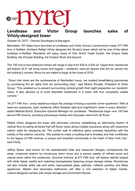 Lendlease and Victor Group Launches Sales of Viñoly