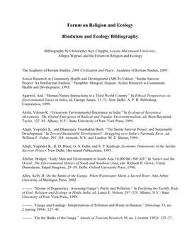 Forum on Religion and Ecology Hinduism and Ecology Bibliography