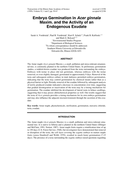 Embryo Germination in Acer Ginnala Maxim. and the Activity of an Endogenous Exudate