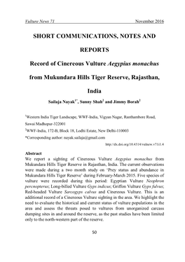 SHORT COMMUNICATIONS, NOTES and REPORTS Record of Cinereous Vulture Aegypius Monachus from Mukundara Hills Tiger Reserve, Rajast