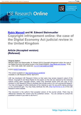 Copyright Infringement Online: the Case of the Digital Economy Act Judicial Review in the United Kingdom