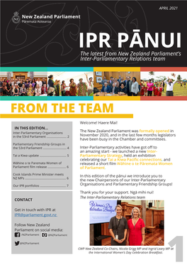 IPR PĀNUI the Latest from New Zealand Parliament’S Inter-Parliamentary Relations Team