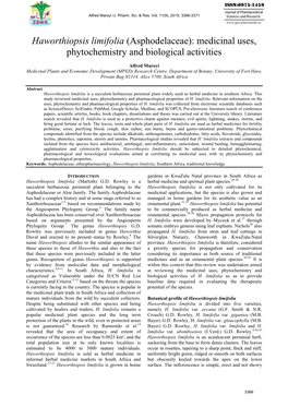 Haworthiopsis Limifolia (Asphodelaceae): Medicinal Uses, Phytochemistry and Biological Activities